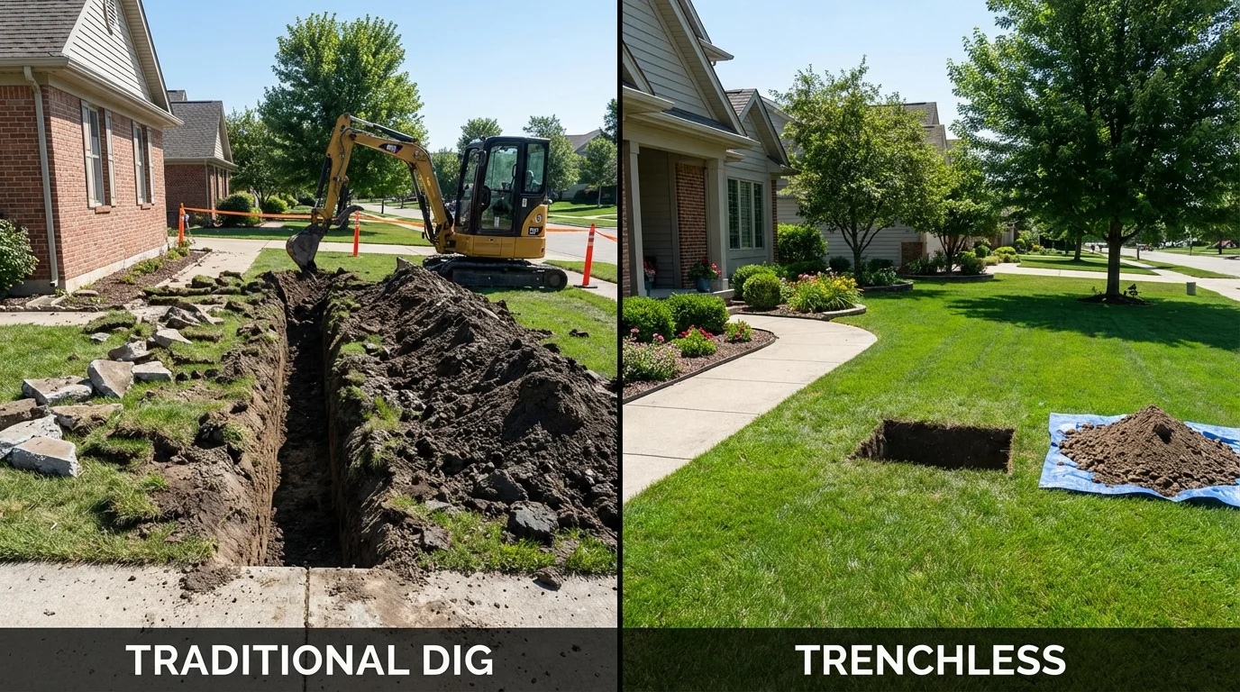 Trenchless sewer repair with minimal yard damage versus traditional excavation in Hermann, MO