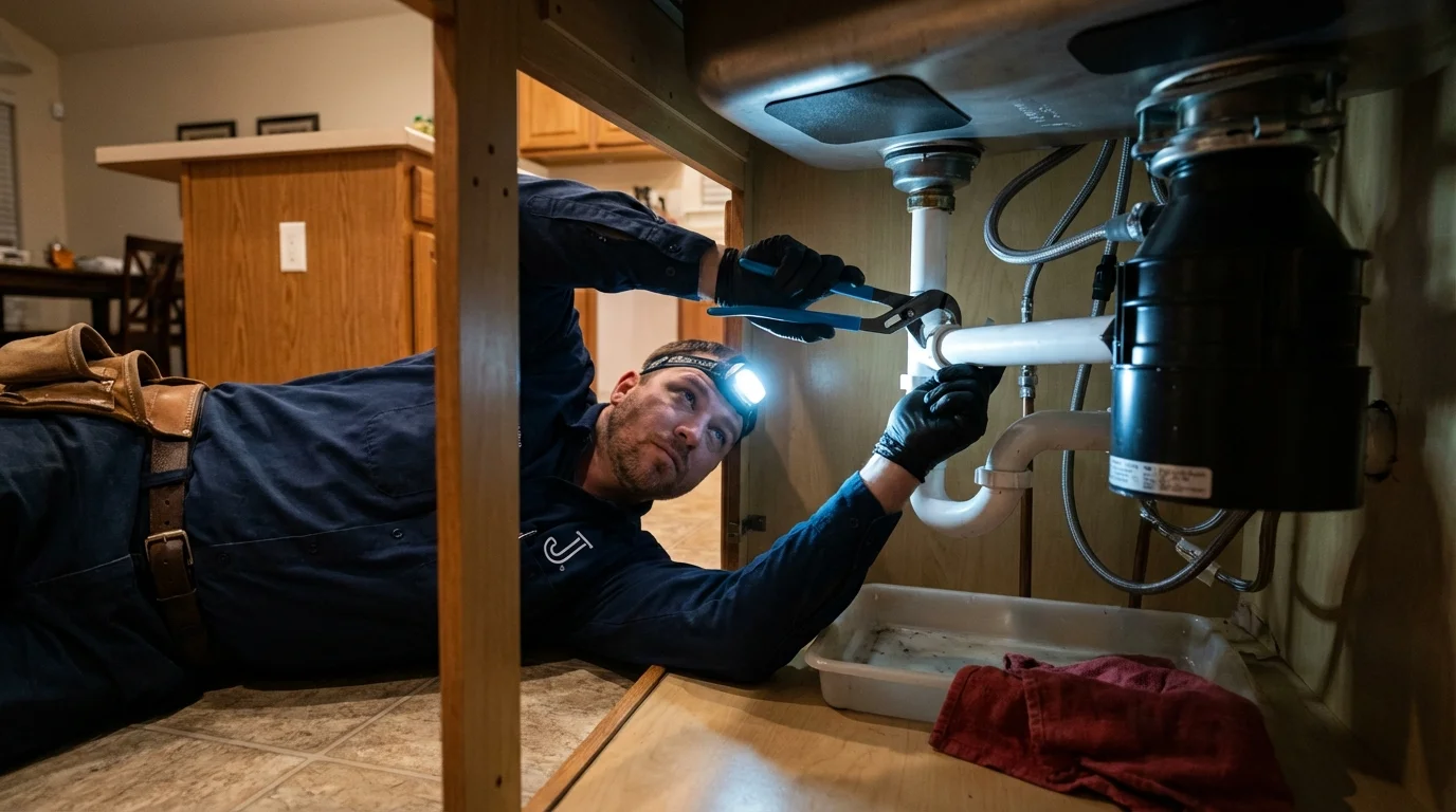 P-trap and supply line connections under a kitchen sink showing a common leak point in Hermann, MO